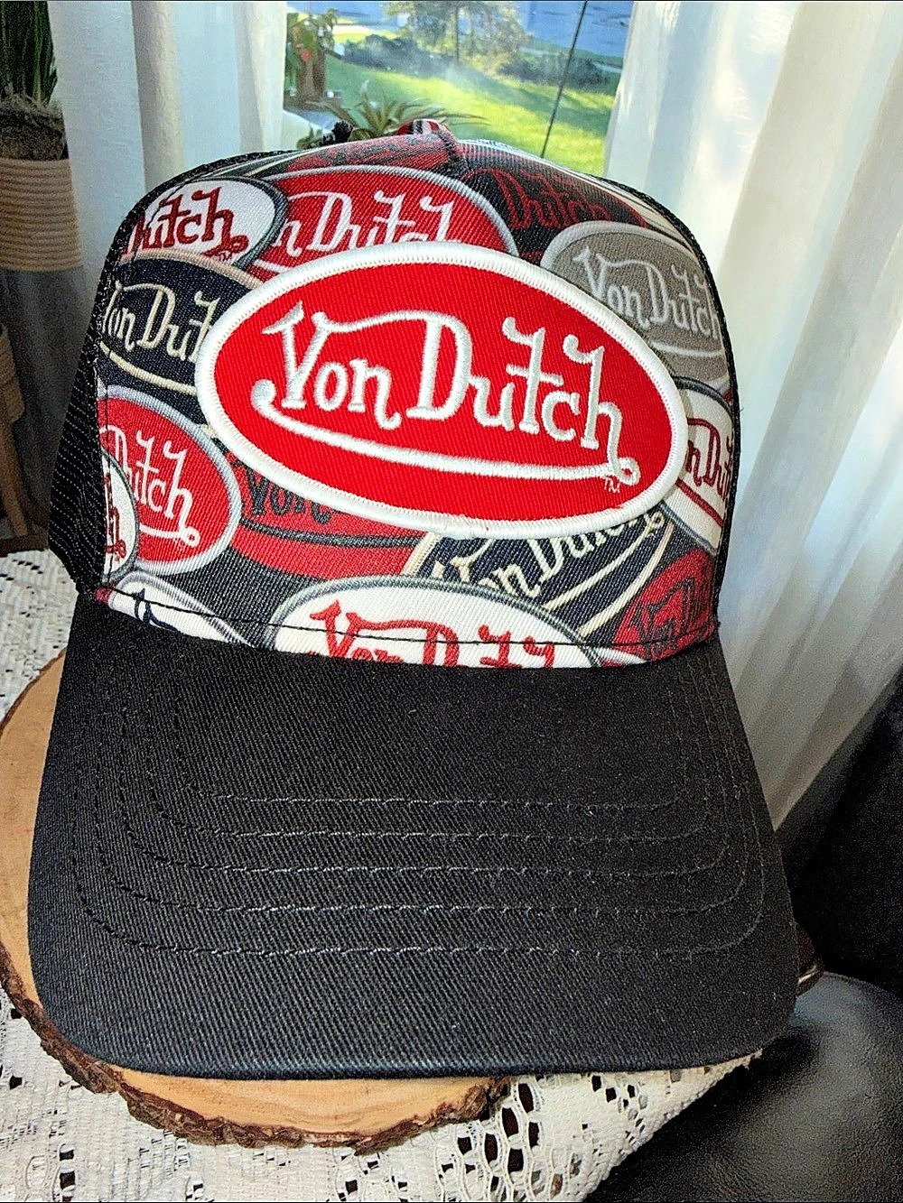 Von Dutch Billboard Multi-Logo Trucker Hat in a striking Black and Red. NWT
